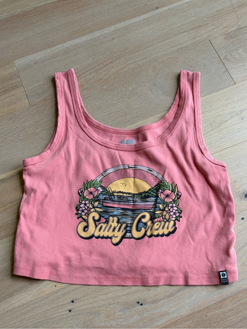 Salty Crew Coral Pink Graphic Crop Tank Top M - XL